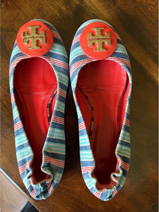 Tory Burch Shoes - Tory Burch Striped Ballet Flats with Red Logo Accent